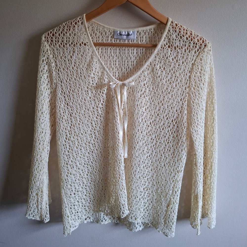 Pastel Yellow Soft Girl Coquette Mesh Open Knit Cardigan Ribbon Bow Bell Sleeves